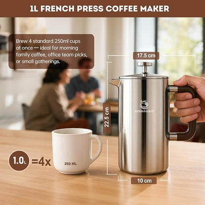 TOMAKEIT 1L/34 Oz French Press Coffee Maker,304 Stainless Steel Coffee Press,Durable & Easy Clean,Leak-Proof Design,Prensa Francesa Para Cafe for Home,Office,Camping (Silver-Upgrade)