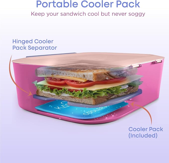 KARRICO Leakproof Lunch Box – 3-Compartment Bento Box, Cooler Pack & Adjustable Divider, Extra Large & BPA-Free – Dishwasher Safe, Ideal for On-the-Go Meals, Pink & Blue