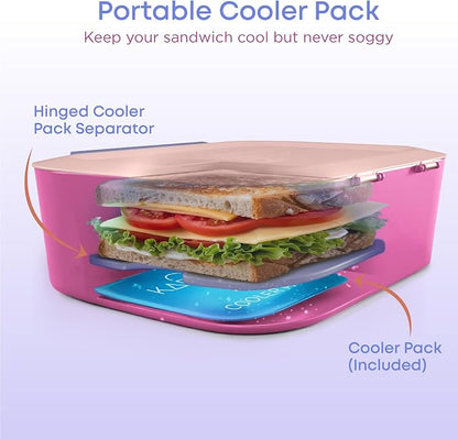 KARRICO Leakproof Lunch Box – 3-Compartment Bento Box, Cooler Pack & Adjustable Divider, Extra Large & BPA-Free – Dishwasher Safe, Ideal for On-the-Go Meals, Pink & Blue