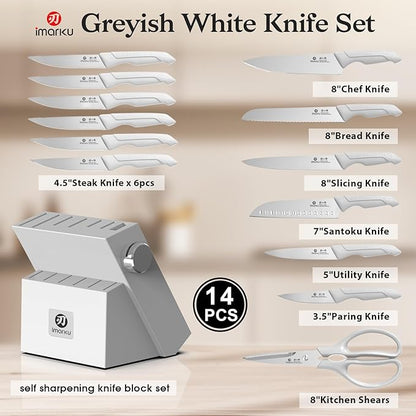 imarku 14 Pcs Kitchen Knife Set, Japanese Knives Set for Kitchen, Stainless Steel Knife Set with Block and Build-in Sharpener, White, Anti-Slip Handle, Dishwasher Safe, Gift for Women
