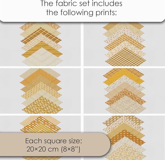 Cotton Satin Patchwork Fabric Panel – 35 Designs, 20×20 cm Squares, Single Piece 150×110 cm, Yellow Patchwork Quilt Fabric (Golden Harvest Patchwork Set, 35pcs 8x8 inch)