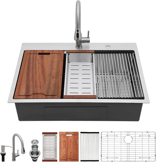 Lordear 33x22 Inch Drop In Kitchen Sink With Faucet - 33 Kitchen Sink With Faucet Combo Workstation 16 Gauge Stainless Steel Single Bowl Topmount Basin with All Accessories, 33x22x10 Inch