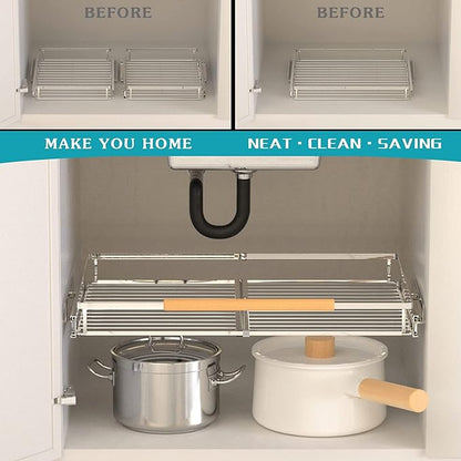 Pull Out Cabinet Shelf, Slide Out Cabinet Organizer Heavy Duty Under Sink, Anti Rust Kitchen Organizer Basket, Smooth Roll Expandable Sliding Drawer, 2 Pack Chrome 15.9''-26.2''