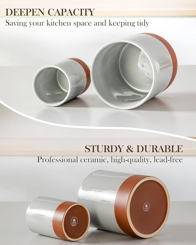 MALACASA Utensil Holder, 7.3"+5.5" Ceramic Kitchen Utensil Holder for Countertop, Large Cooking Utensil Crocks for Kitchen Counter, Farmhouse Utensils Organizer, Set of 2, Khaki Gray, Series TARA