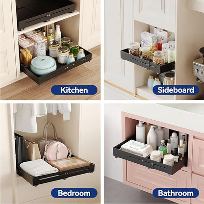 Pull out Cabinet Organizer, Full Metal Expandable Width (12.6"-20.8") & Depth (16"-24.4") Adjustable Slide out Drawers, No Drill Adhesive Roll out Shelves for Kitchen Pantry, Black