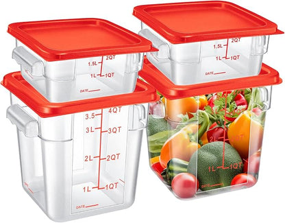 Barydat 4 Pcs Square Food Storage Containers with Lids Measurement Scales, 2qt & 4qt Clear Plastic Stackable Containers for Dough Proofing Baking Kitchen Restaurant and Pantry Organization(Red)