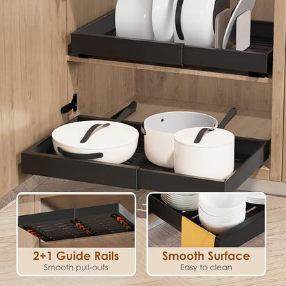 1 Pack Expandable Pull Out Cabinet Organizer 16.5" Deep, Adjustable Width 12.6"-20.5", No Drill Adhesive with Triple Track Rails, Heavy Duty Slide Out Drawers for Kitchen,Pantry,Cabinets,Black
