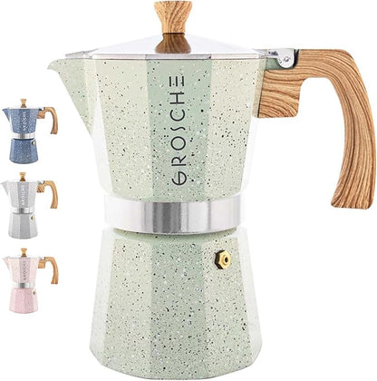 GROSCHE Milano Moka pot, Stovetop Espresso maker, Greca Coffee Maker, Stovetop coffee maker and espresso maker percolator (Mint, 9 cup)