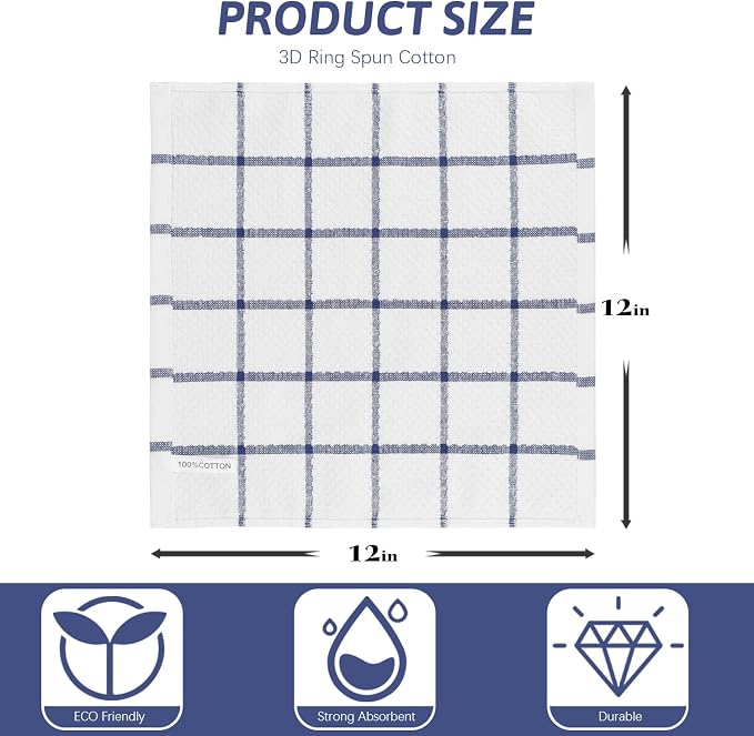 Nialnant 4PCS Cleaning Rags,100% Cotton Terry Dish Rags for Washing Dishes,Quick Drying Dish Cloths,Dish Towels for Kitchen,Navy Blue Plaid-12x12in