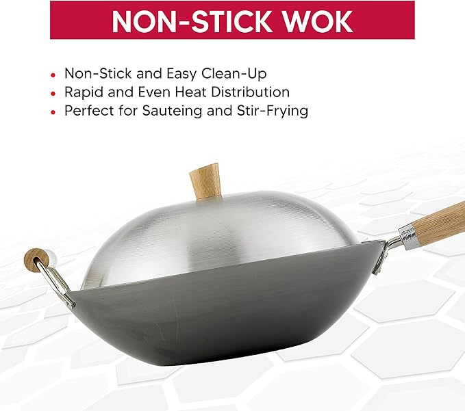 Helen's Asian Kitchen Carbon Steel 4-Piece Wok Set, 13.5-Inch With Lid