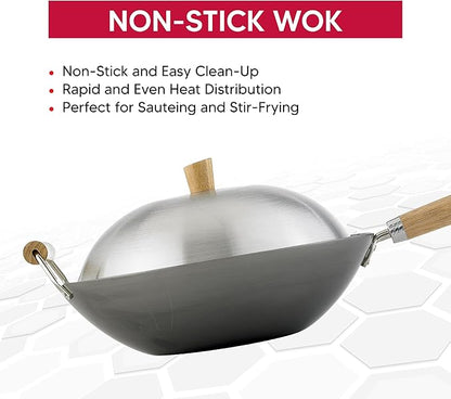 Helen's Asian Kitchen Carbon Steel 4-Piece Wok Set, 13.5-Inch With Lid