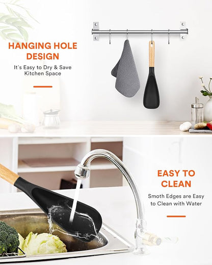 Cooking Spoon for Nonstick Cookwares, Great for Cooking and Serving Sturdy BPA-Free Matte Silicone, Wood Handle Spoon for Mixing, Scoop, and Scrape (BLACK, 11.4 inch)