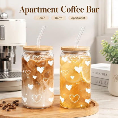 Glass Cups with Lids and Straws, 2 Pack Heart Glass Cups, 16 oz Borosilicate Iced Coffee Cups, Matching Drinkware for Best Friends, Couples, Birthday and Anniversary