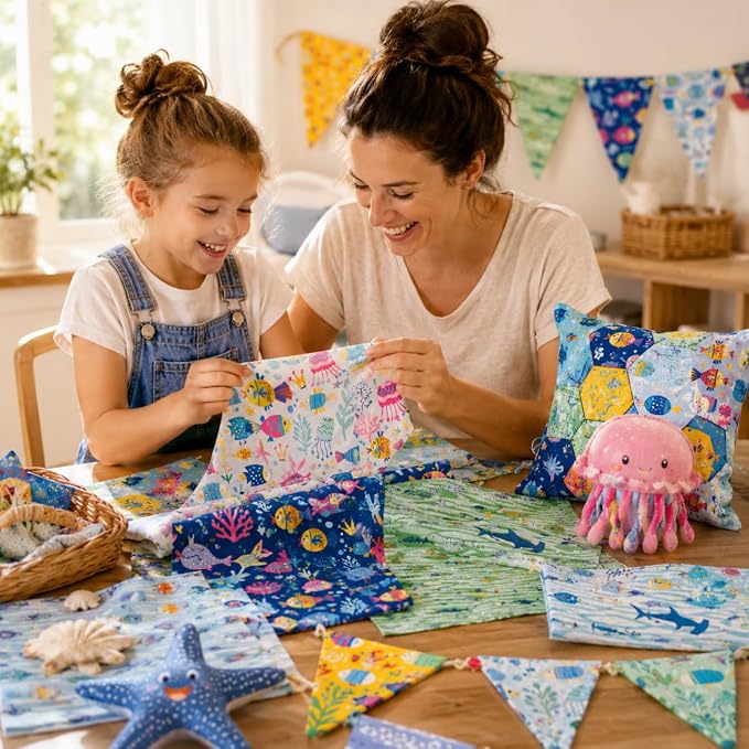 DMFR Ocean Fabric Squares 5 x 5 Inch, 42 Pcs 100% Cotton Charm Pack Fabric for Quilting, Under the Sea Precut Quilt Squares, 6 Assorted Patterns for Sewing, Patchwork, Crafts, Baby Boy Projects