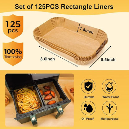 Air Fryer Disposable Paper Liners: 125Pcs Rectangle 8.6x5.5" Parchment Paper Non-stick Food Grade Liners for Dual Basket | Rectangular Air Fryer