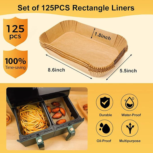 Air Fryer Disposable Paper Liners: 125Pcs Rectangle 8.6x5.5" Parchment Paper Non-stick Food Grade Liners for Dual Basket | Rectangular Air Fryer