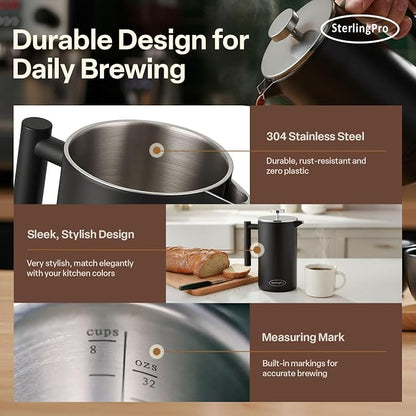 SterlingPro Extra Large Insulated Stainless Steel French Press Coffee Maker 59oz – Insulated Metal XL Double Wall Coffee Maker | Plastic Free | Cool-Touch | Black Finish | Makes up to 16 cups / 8 mugs