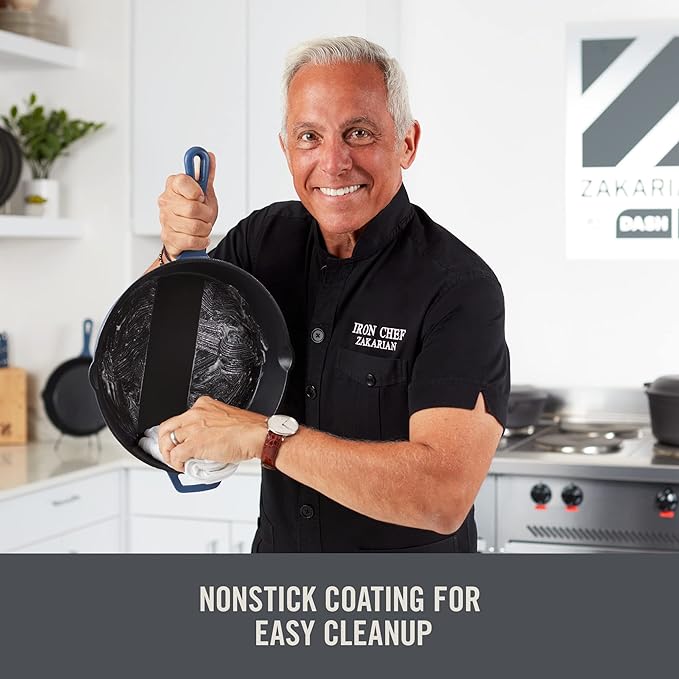 DASH Zakarian by Dash 9"x13" Nonstick Cast Iron Pan with Pour Spout and Removable Silicone Grips for Searing, Baking, Broiling, Grilling and more - Grey