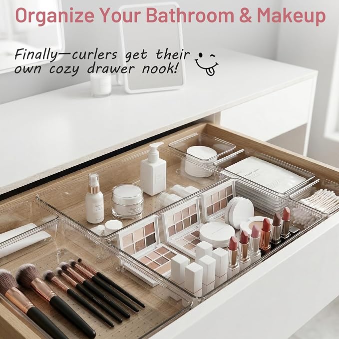 Drawer Organizer, 10 Pack Large Clear Plastic Organizer Bins 5 Sizes, Versatile Bathroom Drawer Trays, Heavy Duty Non‑Slip Drawer Dividers for Makeup, Office & Kitchen Utensils