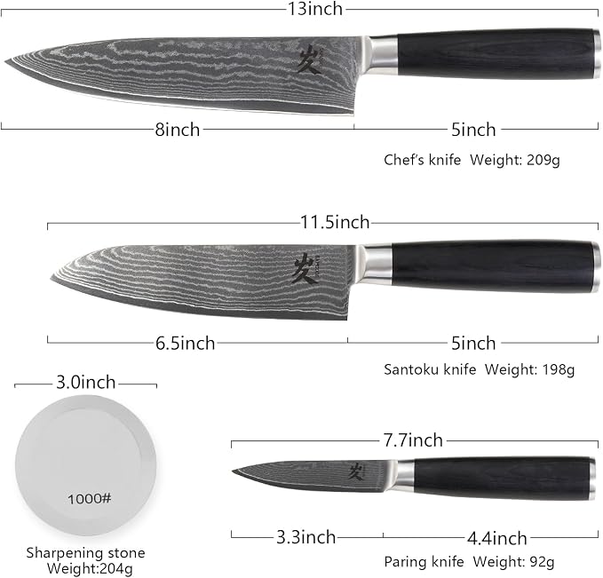 SAMCOOK Damascus Knife Set 4PCS,Ultra Sharp Professional Chef Knives Santoku Knife Paring Knife VG10 High Carbon Stainless Steel with Black Pakkawood Handle,Sharpening Stone,Premium Gift Box