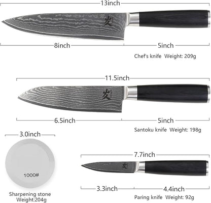 SAMCOOK Damascus Knife Set 4PCS,Ultra Sharp Professional Chef Knives Santoku Knife Paring Knife VG10 High Carbon Stainless Steel with Black Pakkawood Handle,Sharpening Stone,Premium Gift Box