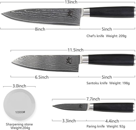 SAMCOOK Damascus Knife Set 4PCS,Ultra Sharp Professional Chef Knives Santoku Knife Paring Knife VG10 High Carbon Stainless Steel with Black Pakkawood Handle,Sharpening Stone,Premium Gift Box