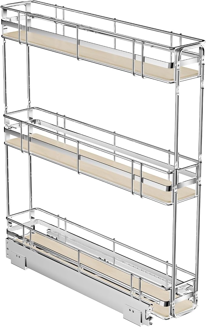 ROOMTEC 3-Tier Pull Out Cabinet Organizer Spice Rack for Narrow Cabinet 5" W x 20½" D, Slide Out Wood Shelves Storage for Kitchen