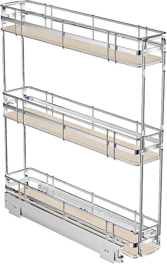 ROOMTEC 3-Tier Pull Out Cabinet Organizer Spice Rack for Narrow Cabinet 5" W x 20½" D, Slide Out Wood Shelves Storage for Kitchen