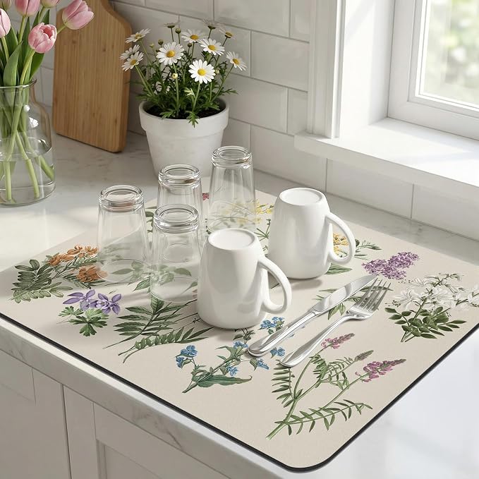 LOKHOM Dish Drying Mat for Kitchen Counter, 16"x20" Absorbent Coffee Bar Mat with Vintage Sage Flower Herbs, Dish Drainer Rack Mat for Kitchen Counter