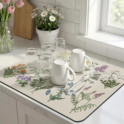 LOKHOM Dish Drying Mat for Kitchen Counter, 16"x18" Absorbent Coffee Bar Mat with Vintage Sage Flower Herbs, Dish Drainer Rack Mat for Kitchen Counter