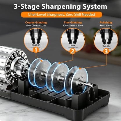 Electric Knife Sharpener, 3-Stage Kitchen Knife Sharpener with 15° Precision Angle Guide,100% Diamond Abrasives, Fast Sharpen Repair Polish Sharpener for Chef Knives Home Kitchen Beginner Use,Black