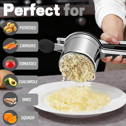 Large 15oz Potato Ricer for Mashed Potatoes, Heavy Duty 18/8 Stainless Steel Potato Masher for Baby Food & Spaetzle Maker, Masher and Ricer Kitchen Tool, Press and Mash Kitchen Gadget, Black