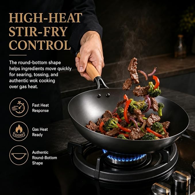 Calmabode 13” Large Round Bottom Carbon Steel Wok with Glass Lid | Large traditional Chinese round-bottom wok for gas stoves, nitrided carbon steel, glass lid, ideal for family stir-fry