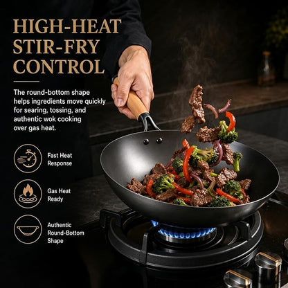 Calmabode 13” Large Round Bottom Carbon Steel Wok with Glass Lid | Large traditional Chinese round-bottom wok for gas stoves, nitrided carbon steel, glass lid, ideal for family stir-fry