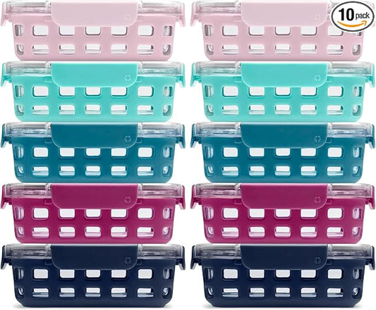 Ello Duraglass 3.4 Cup Meal Prep Sets 10Pc, 10 Pack Set- Glass Food Storage Container with Silicone Sleeve and Airtight BPA-Free Plastic Lids, Dishwasher, Microwave, and Freezer Safe, Evening Orchard