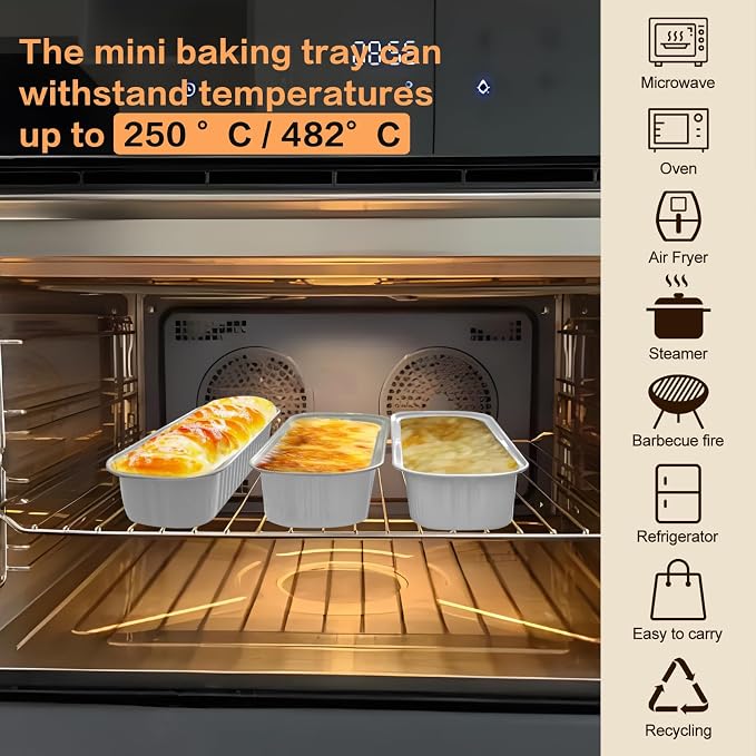 Mini Cake Pans With Lids And Spoons 50 Pack,6.8 oz Rectangle Mini individual Loaf Pans, Disposable Aluminum Foil Small Baking Cups Tins, Baking Containers for Xmas, Party and Picnics (White)