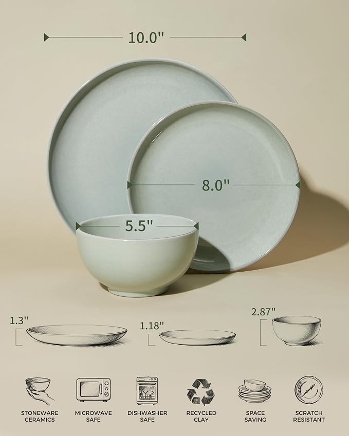 Pokini 18 Piece Dinnerware Set for 6, Reactive Glaze Terracotta Plates and Bowls Set, Large Family-Sized Stoneware Dish Set for Gatherings, Chip and Scratch Resistant, Slate Green