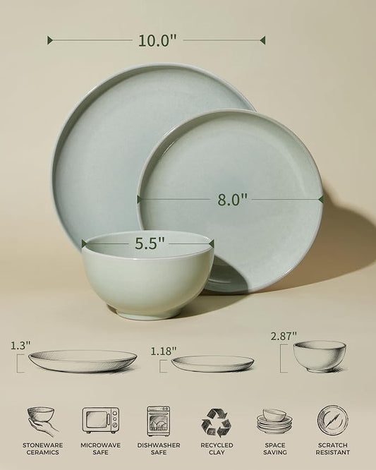 Pokini 24 Piece Dinnerware Set for 8, Santorini Mist Terracotta Plates and Bowls Sets, Complete Stoneware Dish Set for Large Families and Entertaining, Microwave & Dishwasher Safe, Slate Green