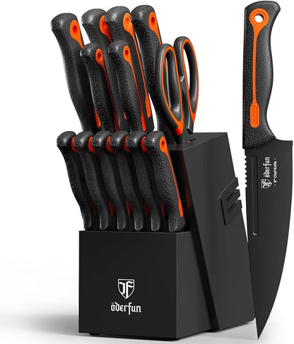 Knife Block Set, 15 PCS Dishwasher Safe Kitchen Knife Set, Non-slip | Razor-Sharp knives set with sharpener, High Carbon Stainless Steel, Ergonomic Handle, Elegant Box for Her Women Dad Father