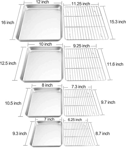 TeamFar Baking Sheet with Rack Set of 8, Cookie Sheet Baking Pans Stainless Steel Bakeware with Cooling Rack Set, Non Toxic & Healthy, Mirror Finish & Rust Free, Easy Clean & Dishwasher Safe