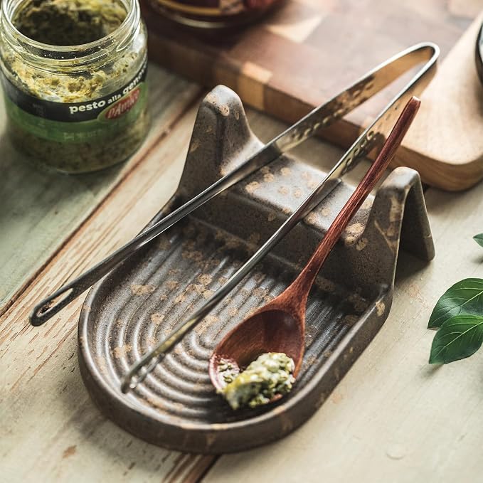 Cooking Spoon Rest with Slot or Spatula, Spoons or Tong Ceramic Spoon Rest for Countertop Heat-Resistant Spoon Rest for Stove Top Perfect Rest for Utensil and Spoon, Brown