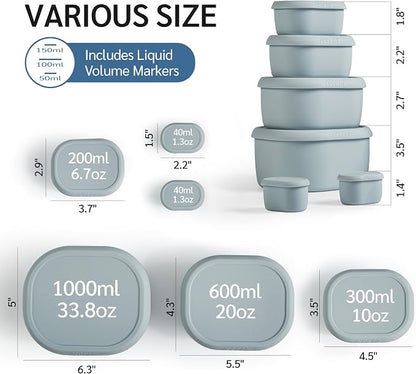 ISSEVE 6Pcs/Set Nesting Silicone Food Storage Containers with Lids, BPA Free Reusable Meal Prep Silicone Containers Lunch Box Bento Box Set (33.8oz, 20oz, 10oz, 6.7oz, 1.3oz) (Grey)