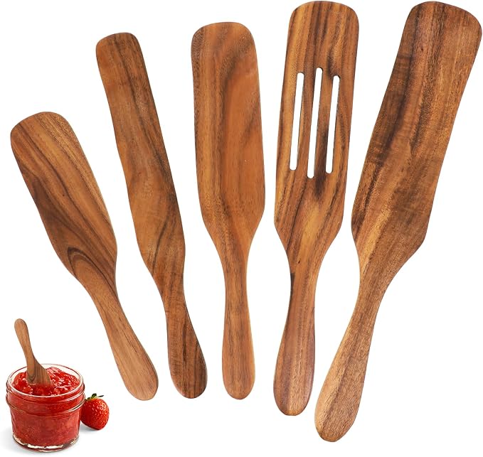 Prasacco 5 Pcs Wooden Spurtle Set Spurtles Kitchen Tools Wooden Spurtle Spatula Wooden Spurtle Kitchen Utensils Spurdle for Cooking Wood Slotted Spurtle Spatulas Spoons Set for Cooking Stirring Mixing