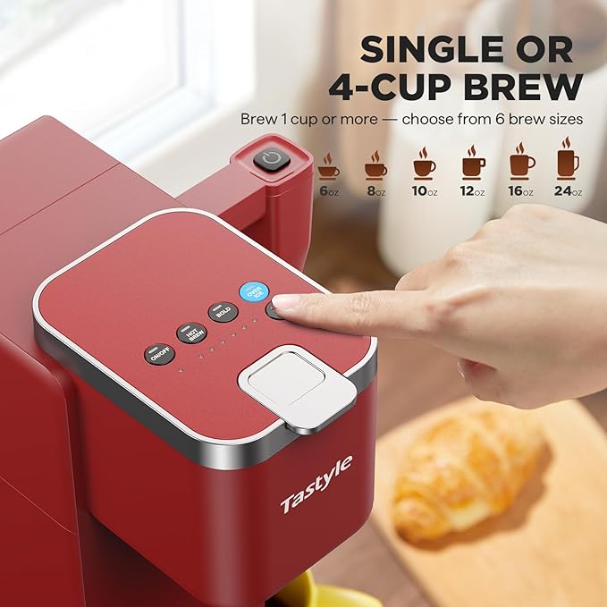 Tastyle 330MF Single Serve Coffee Maker with Built-in Detachable Milk Frother, Iced and Hot Coffee Machine for K Cup & Grounds, 40oz Removable Water Reservoir, 6 Cup Sizes, Fits 7.3" Travel Mug, Red