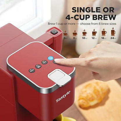 Tastyle 330MF Single Serve Coffee Maker with Built-in Detachable Milk Frother, Iced and Hot Coffee Machine for K Cup & Grounds, 40oz Removable Water Reservoir, 6 Cup Sizes, Fits 7.3" Travel Mug, Red