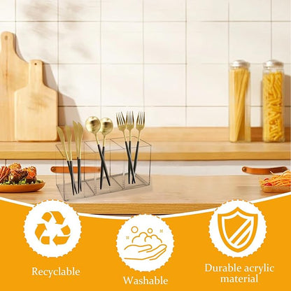 Acrylic Cutlery Organizer, 3-Sectio Clear Plastic Utensil Storage Caddy for Kitchen Countertop, Holds Forks, Knives & Spoons (1 Pcs, 7.1 x 2.6 x 3.5 in)
