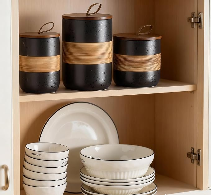 Miamolo Ceramic Jar with Lid, Coffee Container Kitchen Food Storage Jars for Spice Sugar Tea Bag, Stackable Decorative Jars for Countertop, Black & 18 fl.oz