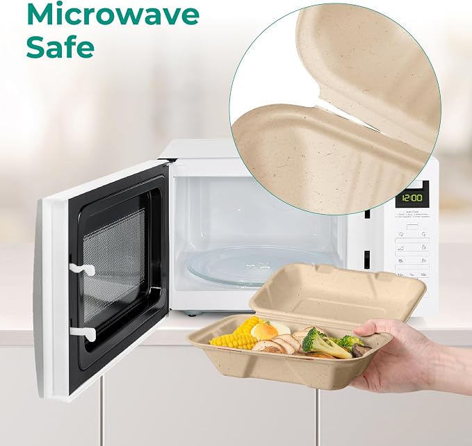 Fit Meal Prep 100 Pack 9x6 Compostable To Go Food Containers, Disposable To Go Boxes for Food, Lunch Boxes, Clamshell Take Out Containers with Lids, Eco Friendly Biodegradable, PFAS-Free, Bagasse