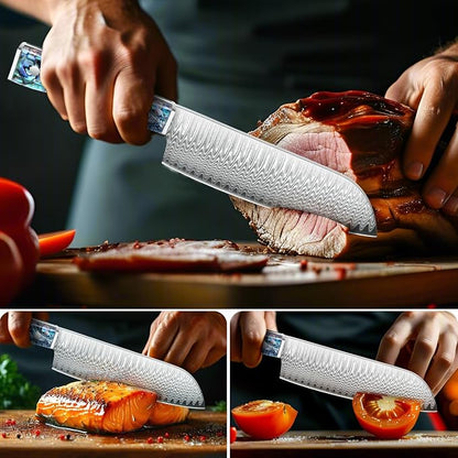 Damascus Santoku Knife, Japanese Knife 10Cr15MOV Blade with Hand Forged Hammer Pattern Chef Knife, Hand forged VG10 steel cooking knife, Ergonomic abalone shell G-10 handle with Gift Box