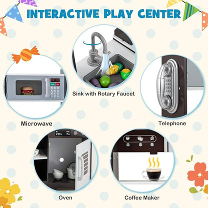 Costzon Corner Kids Kitchen Playset, Wooden Toy Kitchen Set w/Lights & Sounds Range Hood, Ice Maker, Pretend Telephone, Sink, Faucet, Microwave, Oven, Play Kitchen for Kids 3+ (Brown)